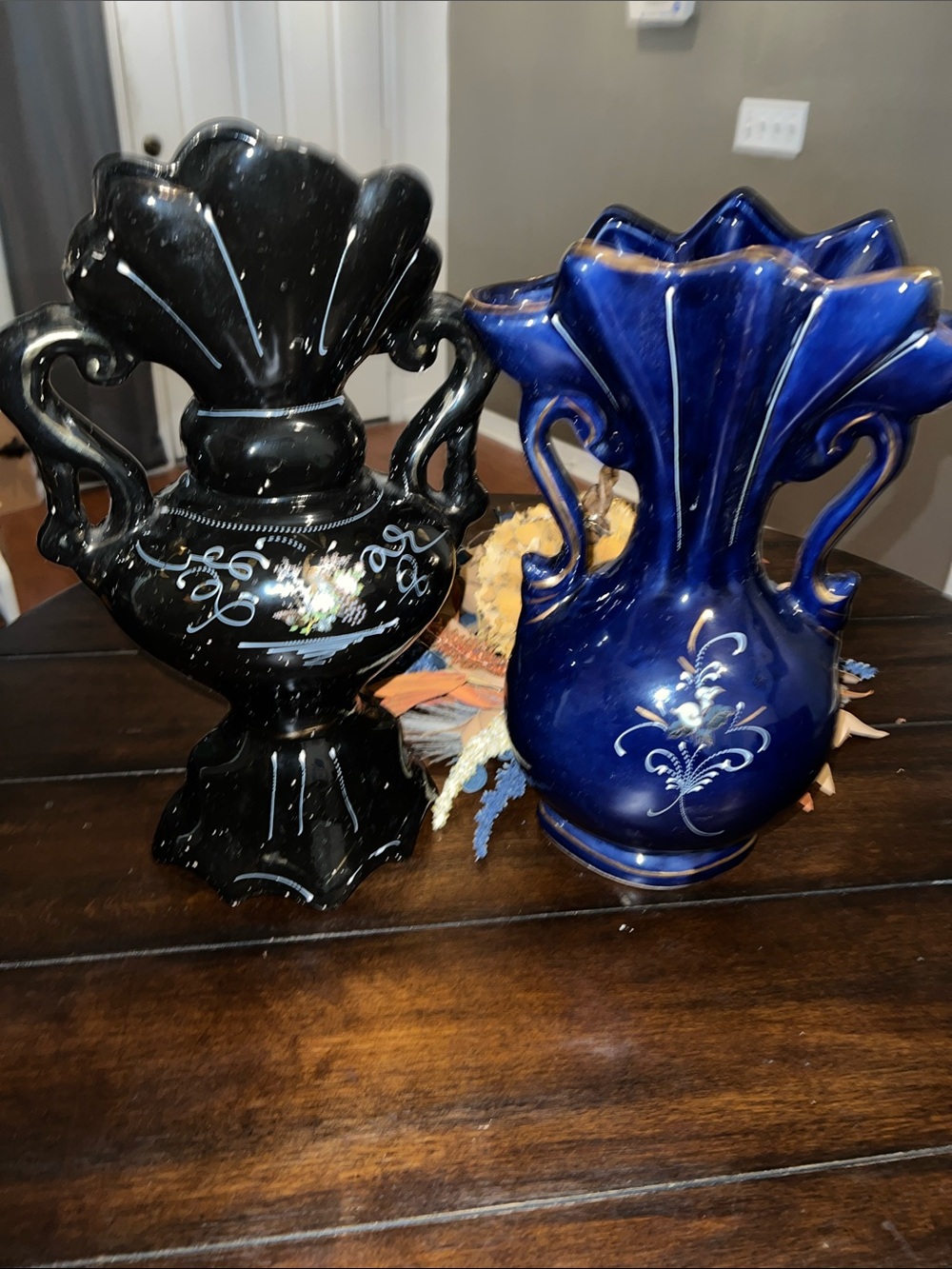 Pair of Decorative Ceramic Vases - Black and Blue Floral Accents